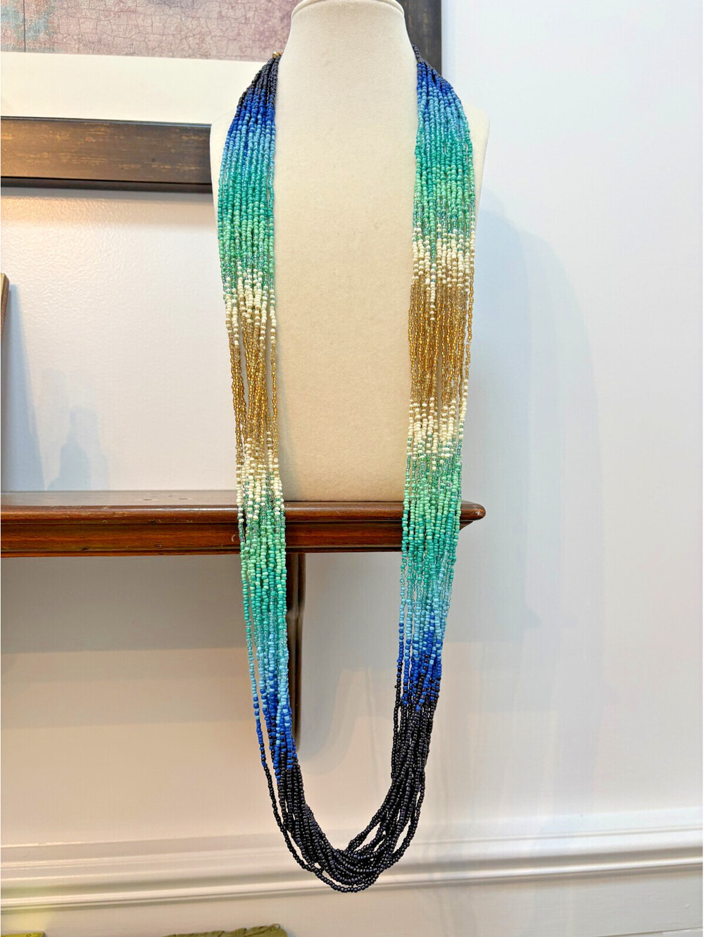 Long Layered Multi Strand Glass Seed Bead Necklace 40" Turquoise Navy Blue Gold